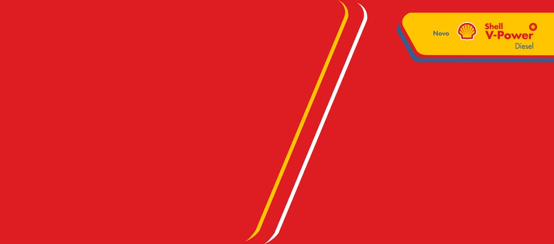 Logo de Shell V-Power Diesel e texto Novo aplicados em uma faixa amarela sobre fundo vermelho