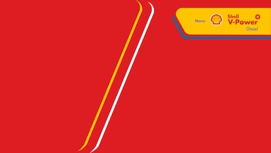 Logo de Shell V-Power Diesel e texto Novo aplicados em uma faixa amarela sobre fundo vermelho