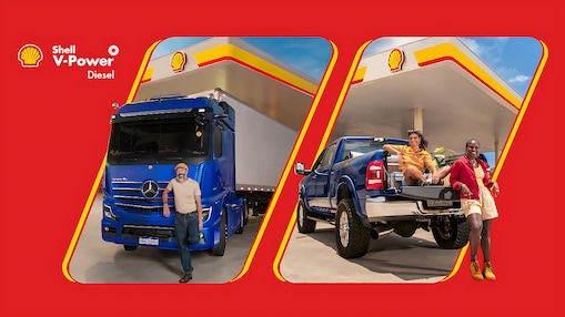 Logo de Shell V-Power Diesel e texto Novo aplicados em uma faixa amarela sobre fundo vermelho