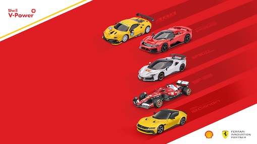 Carrinhos da promoção aplicados sobre fundo vermelho e logos de Shell V-Power, Shell e Ferrari aplicados sobre fundo branco
