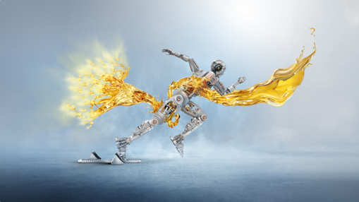 Ilustração de homem biomecânico largando em uma corrida e óleo lubrificando engrenagens