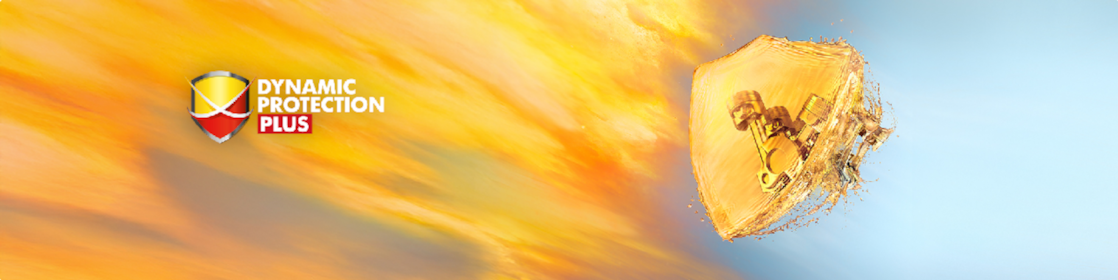 Ilustração de engrenagem lubrificada com óleo e logo Dynamic Protection Plus