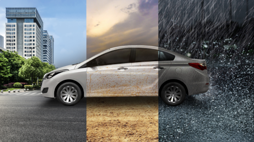 Foto de um carro dividida em três partes para mostrar diferentes condições: uso na cidade, em pista de terra e na chuva