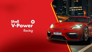 Imagem da campanha de Shell V-Power Racing com foto de carro com motor de alto desempenho e, ao lado, logo de Shell V-Power Racing aplicado sobre fundo vermelho