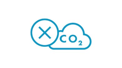 Ícone com um círculo atravessado por uma X e uma nuvem com o texto CO²