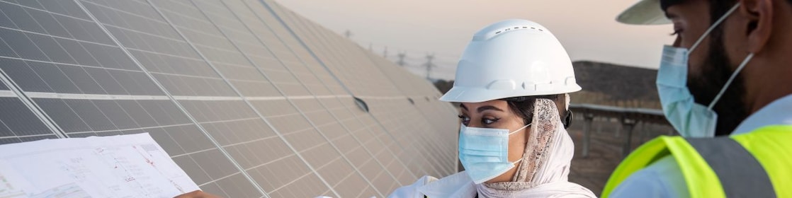 Na imagem, vemos um homem e uma mulher no canto direito analizando papéis apoiados sobre placas solares.