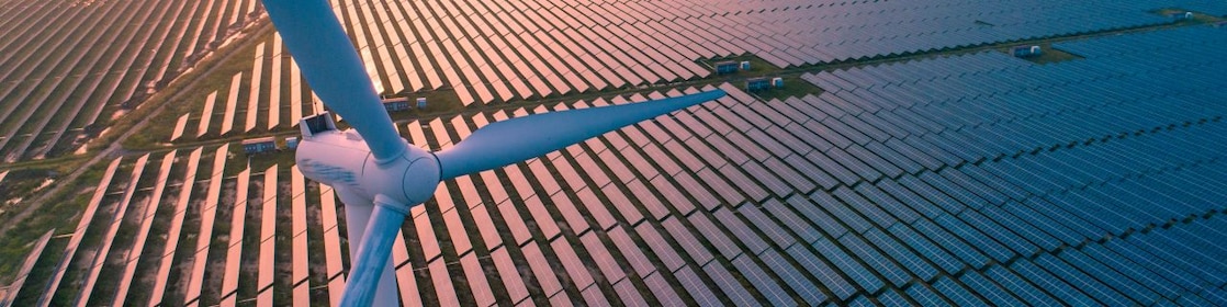 Paisagem aérea onde se vê uma área repleta de painéis solares junto a um campo de energia eólica