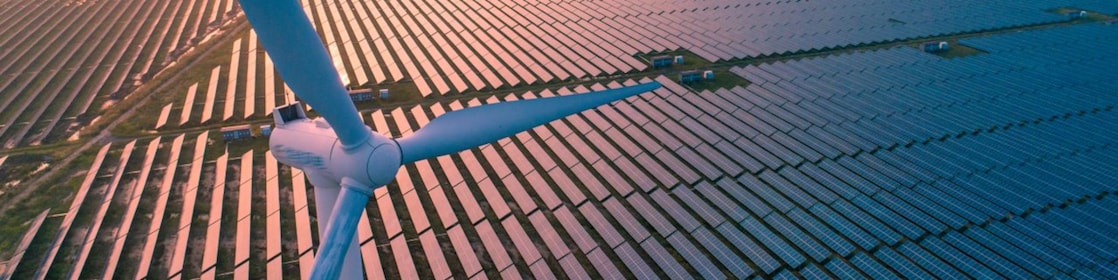 Paisagem aérea onde se vê uma área repleta de painéis solares junto a um campo de energia eólica