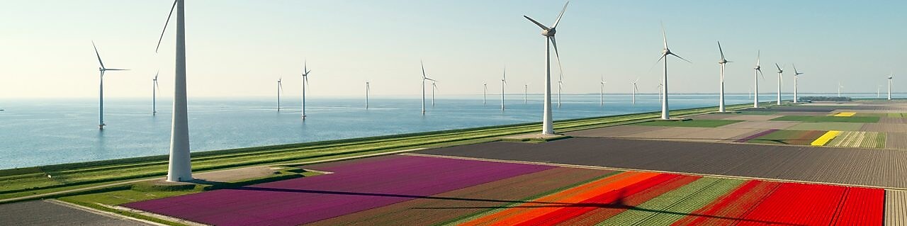 Ampla pista terrestre e mar ao fundo, ambas com turbinas eólicas