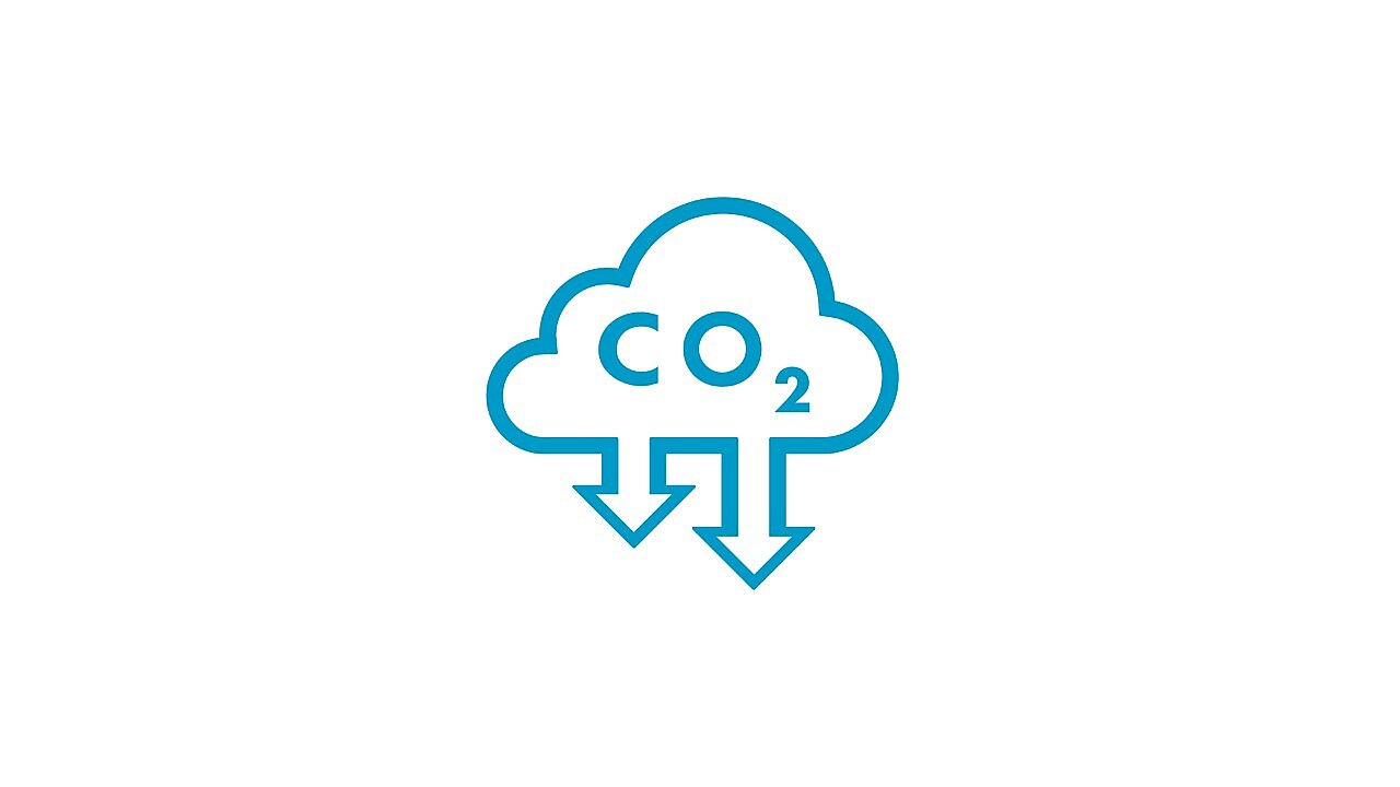 ícone de uma nuvem com a fórmula do gás carbônico e duas setas apontando para baixo.