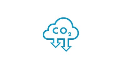 ícone de uma nuvem com a fórmula do gás carbônico e duas setas apontando para baixo.