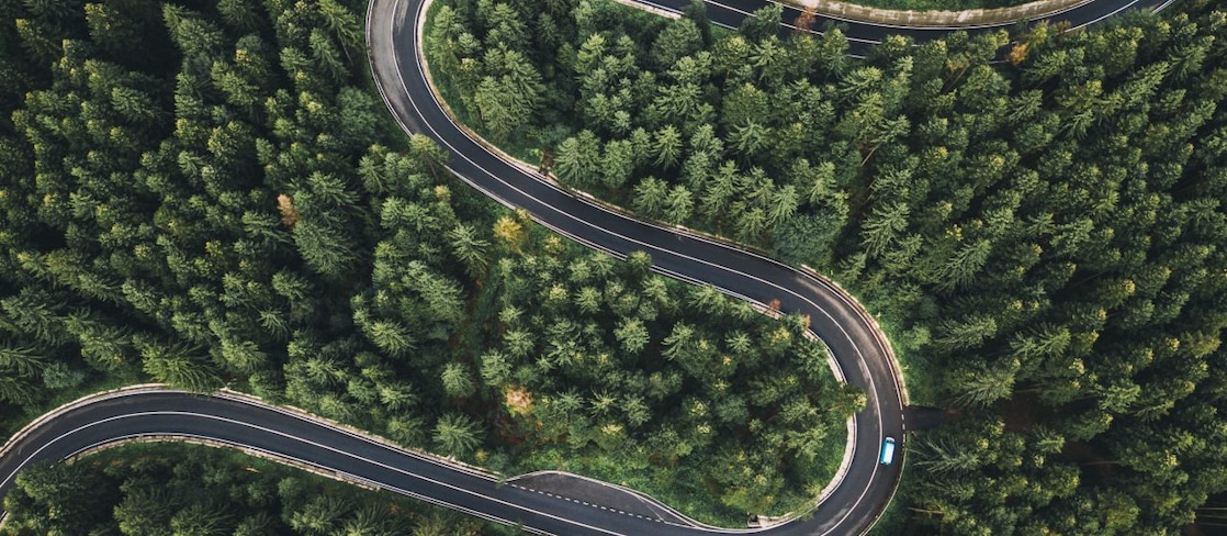 Vista aérea de uma estrada sinuosa cercada por uma densa floresta de pinheiros. A estrada faz curvas acentuadas em forma de ‘S’, cortando o verde intenso das árvores. Um carro azul percorre o trecho, destacando-se no cenário natural.