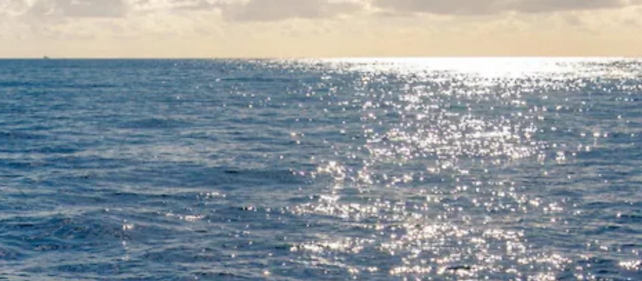 Superfície do mar iluminada pelo sol, com reflexos prateados sobre a água azul e horizonte ao fundo. 