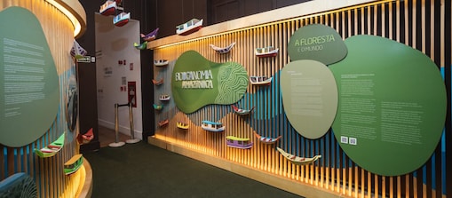Espaço expositivo interno sobre a bioeconomia amazônica. As paredes exibem grandes painéis verdes com textos informativos e títulos como “Bioeconomia Amazônica” e “A Floresta e o Mundo”. Diversos barcos coloridos em miniatura estão suspensos no teto e fixados nas paredes, compondo a cenografia. A iluminação indireta em tons quentes destaca os painéis e os elementos decorativos, enquanto o corredor conduz os visitantes pela exposição. 