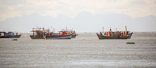 Embarcações de pequeno porte navegam em águas calmas sob um céu parcialmente nublado. Em destaque, barcos de pesca transportam pessoas usando coletes salva-vidas laranja. Ao fundo, uma cadeia de montanhas aparece suavemente desfocada no horizonte, compondo a paisagem costeira.