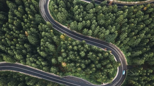 Vista aérea de uma estrada sinuosa que atravessa uma floresta densa de árvores verdes. A pista faz curvas acentuadas em forma de ‘S’, com um carro azul percorrendo um dos trechos.