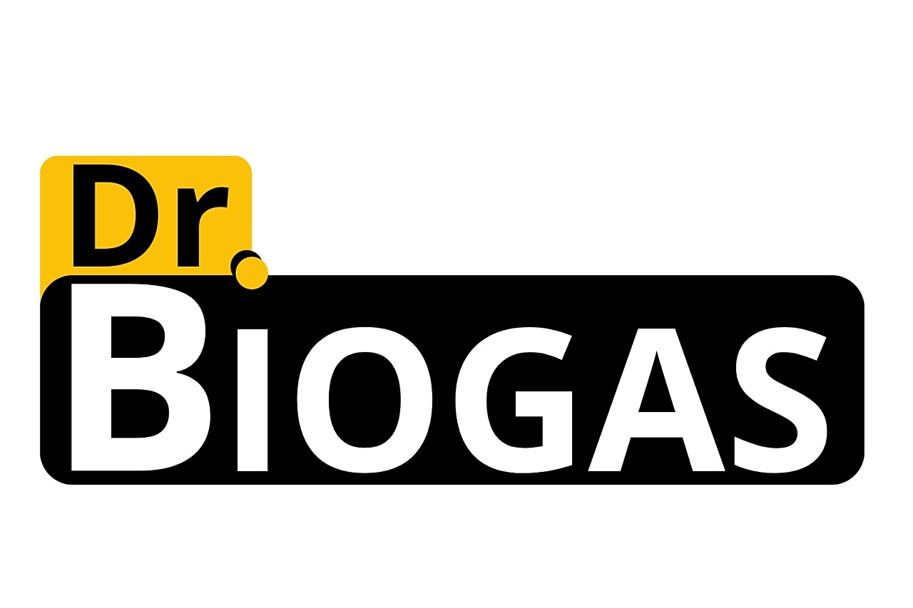 Logotipo da marca "Dr. Biogás". O fundo é preto, com o texto "Dr." em preto dentro de um balão de fala amarelo no canto superior esquerdo. A palavra "Biogas" aparece em branco e em letras maiúsculas, com destaque para o "B" maiúsculo logo abaixo do balão. O design remete à ideia de comunicação, especialização e energia limpa.