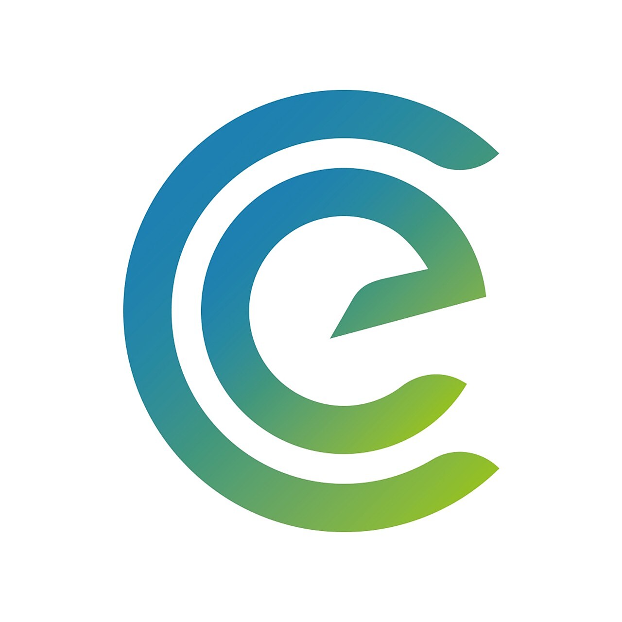 Logotipo abstrato formado por uma letra "E" estilizada composta por três segmentos curvos que lembram um espiral aberto. O degradê de cores vai do azul na parte superior ao verde na inferior, sugerindo conexão com sustentabilidade, energia limpa ou tecnologia ambiental.