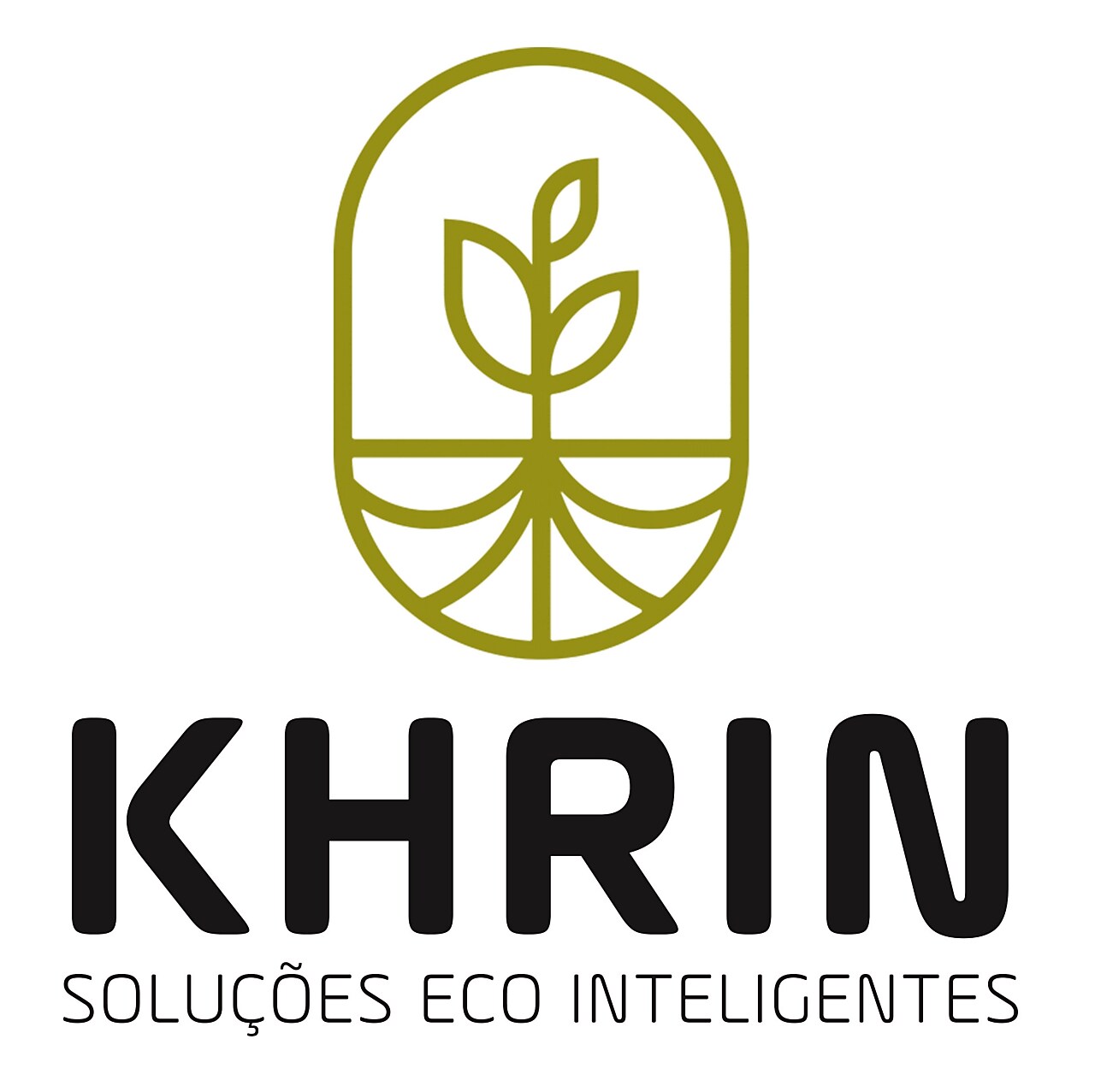 Logotipo da marca "KHRIN". Na parte superior, há um ícone com contorno em verde-oliva representando uma planta estilizada com raízes, contida dentro de uma forma oval vertical que remete a sustentabilidade e crescimento. Abaixo, o nome "KHRIN" aparece em letras maiúsculas pretas e robustas. Abaixo do nome, está o slogan “SOLUÇÕES ECO INTELIGENTES” em letras finas e maiúsculas, reforçando a proposta ecológica da marca.